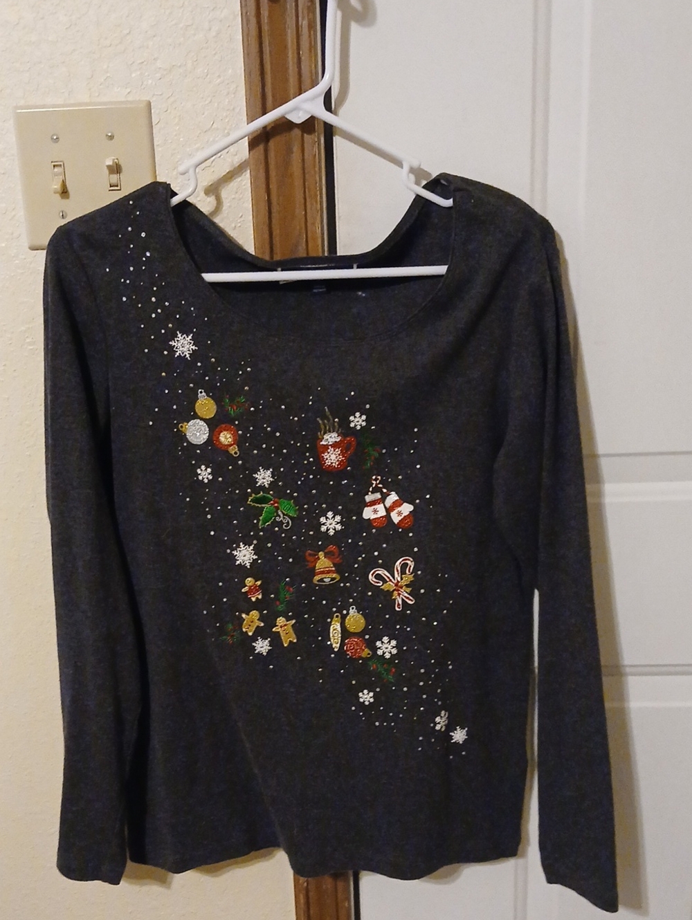 Karen Scott Dark Gray Embellished Holiday Sweater Top